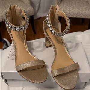 Jewel Badgley Mischka Gold Heels with Crystal Ankle Strap